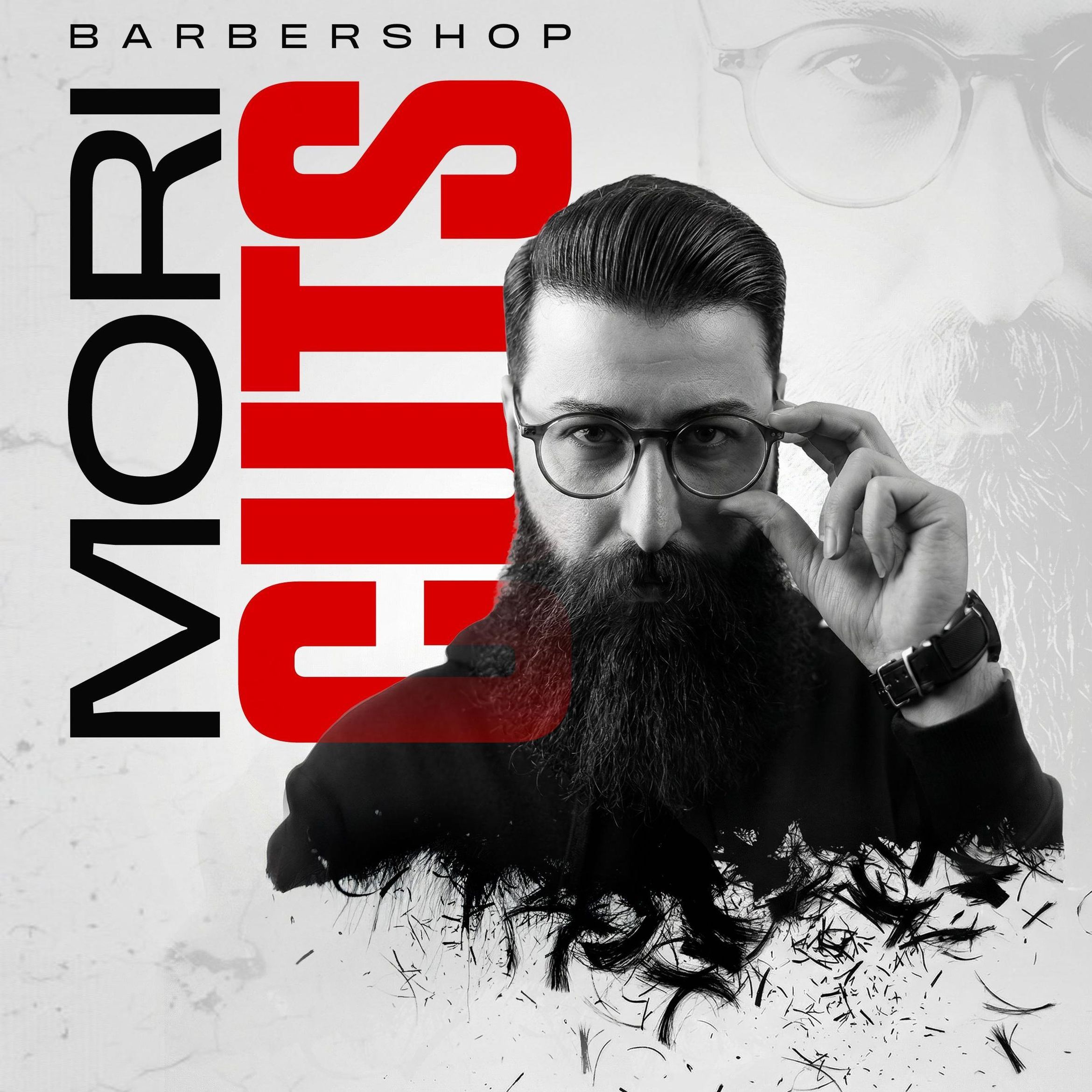 Original Mori Cuts artwork with red and black lettering and a bearded man adjusting his glasses